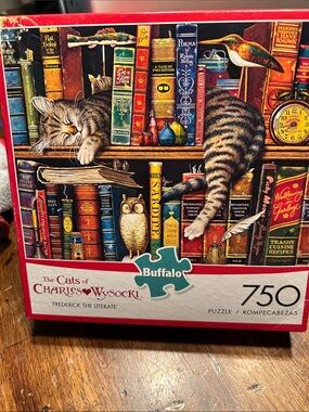 Buffalo David Bitton Multicolor Cat-on-Bookshelf Puzzle Box Art